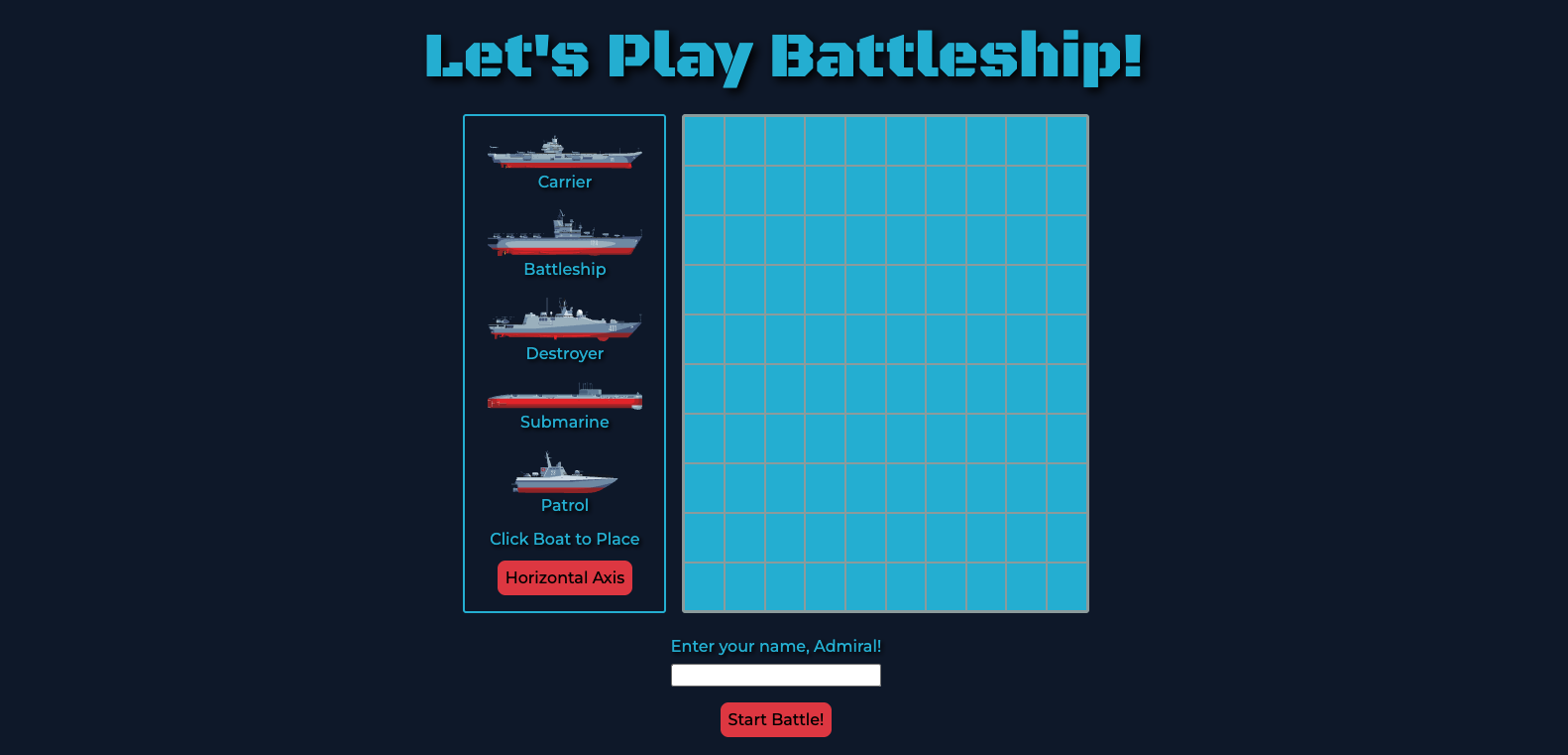Screenshot of Battleship game